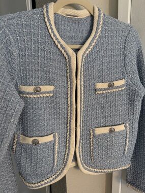 ELIE TAHARI Light Blue Tweed Braided Trim Jacket- Silver Buttons